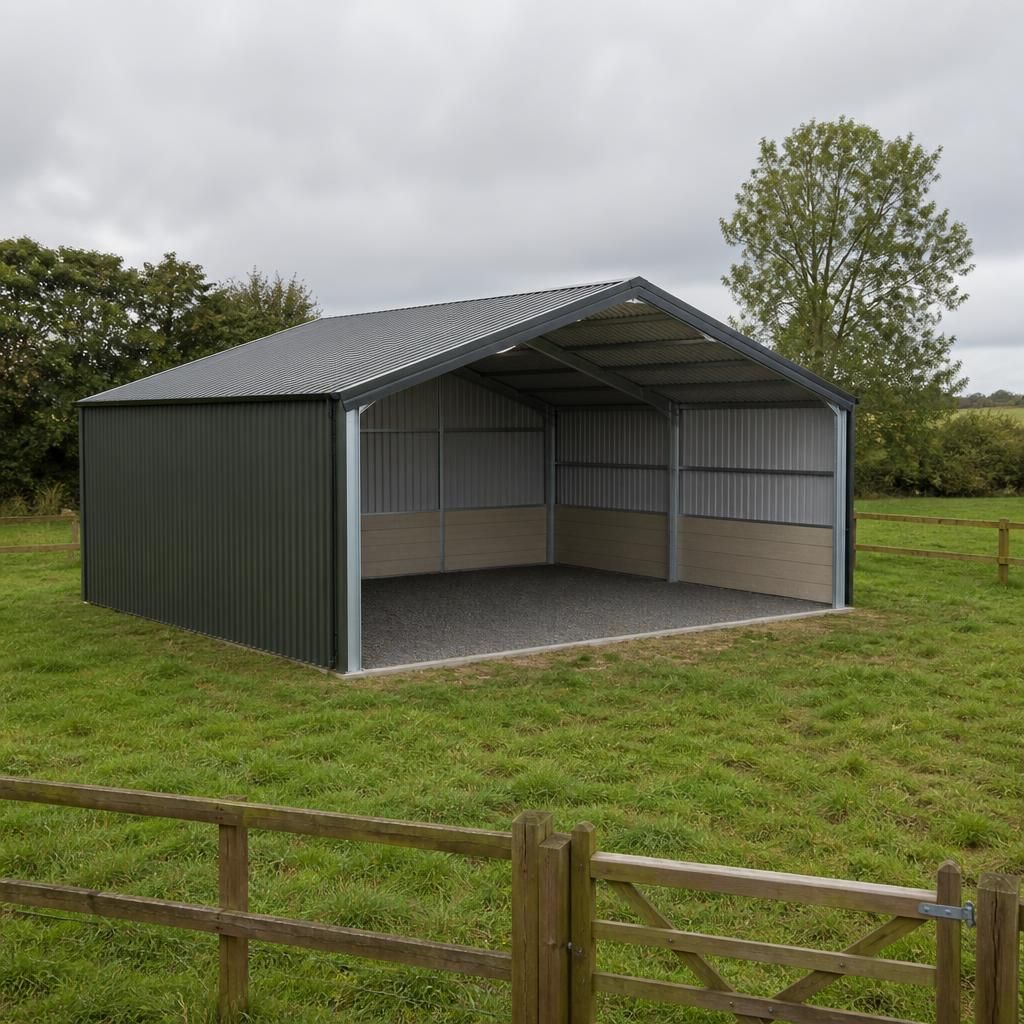 Steel-framed horse field shelter with an open front in a grass paddock