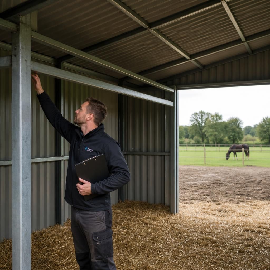 Worker inspecting the steel frame and roof cladding inside a horse field shelter