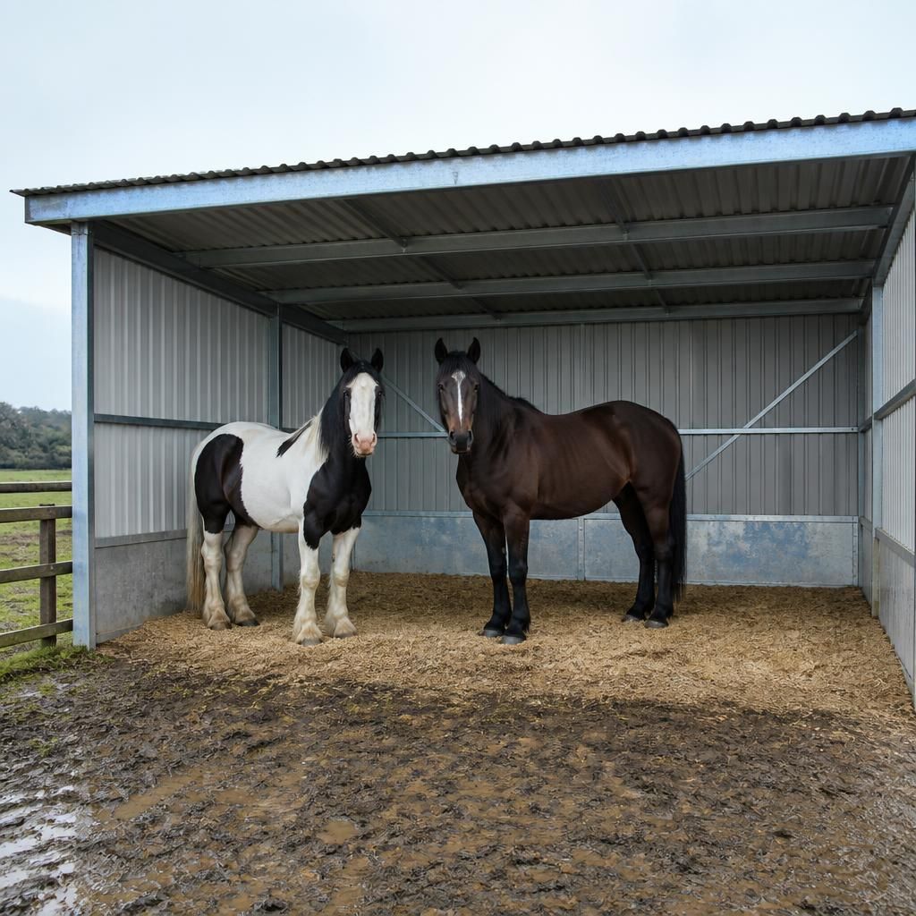 Two horses standing inside a three-sided steel-framed field shelter