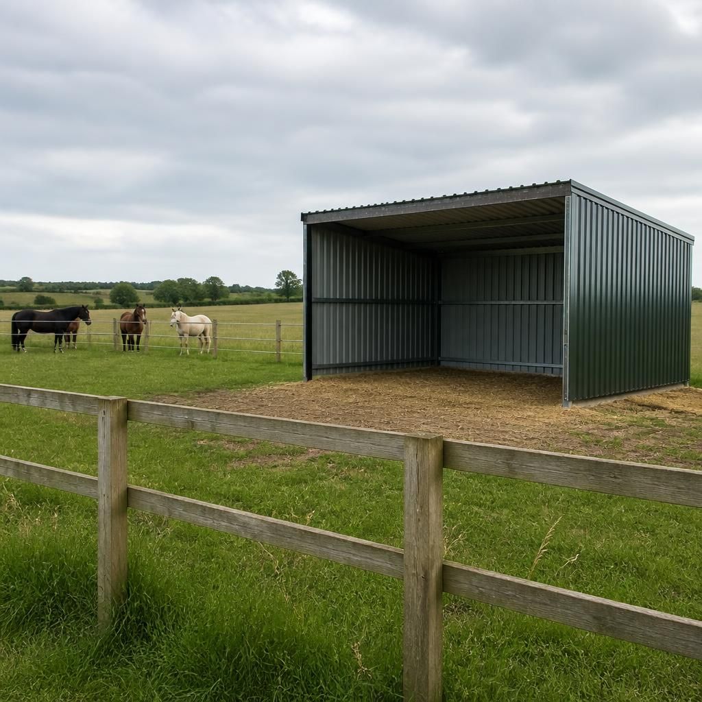 Metal field shelter beside a fenced paddock in open countryside