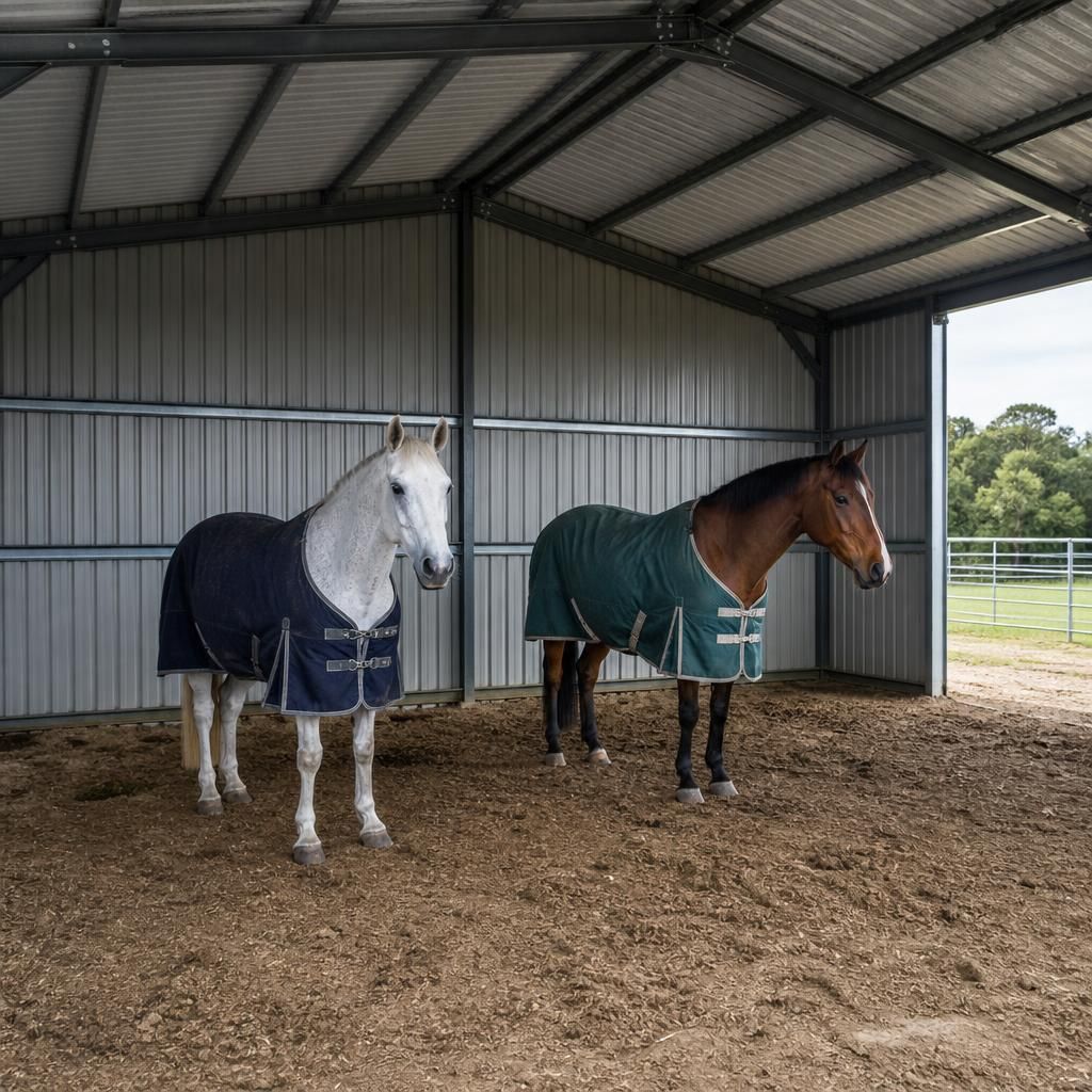 Two horses standing inside a steel-framed field shelter