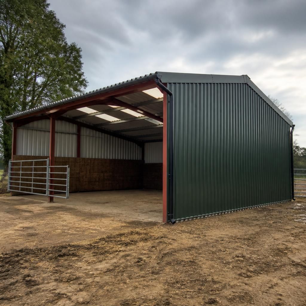 Open-sided steel field shelter with profiled cladding on the roof and one side elevation
