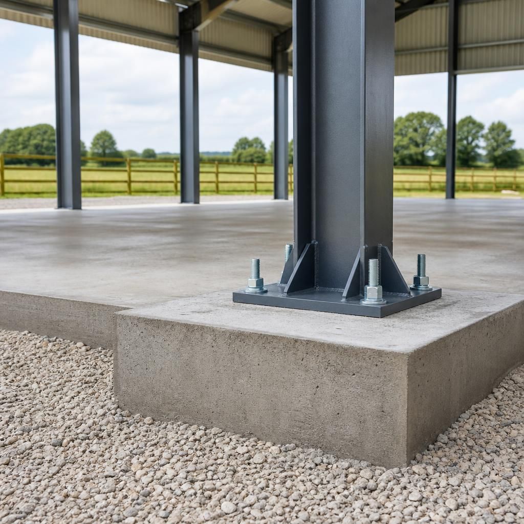 Reinforced concrete foundation with steel column holding-down bolts