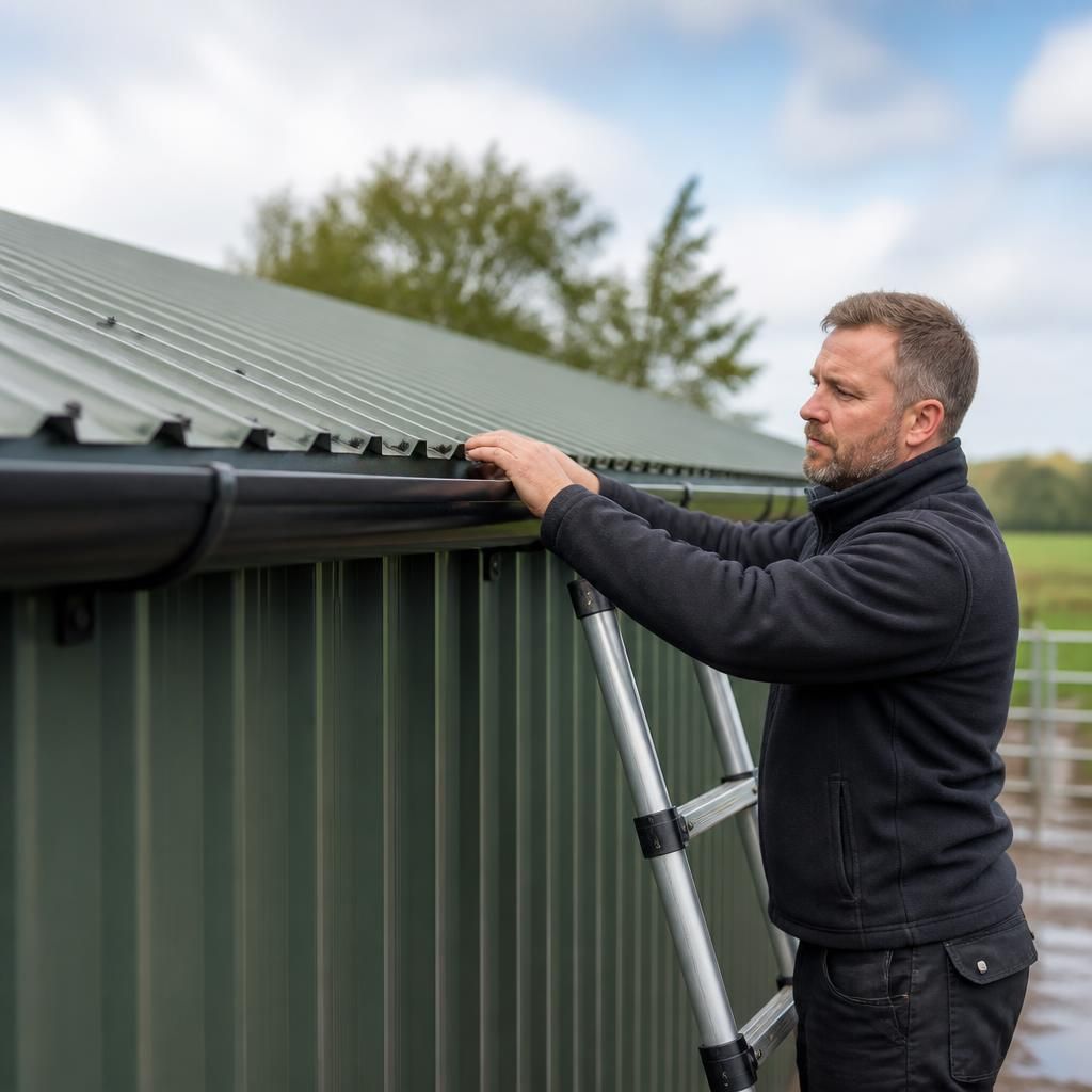 Technician inspecting roof fixings and guttering on a metal field shelter