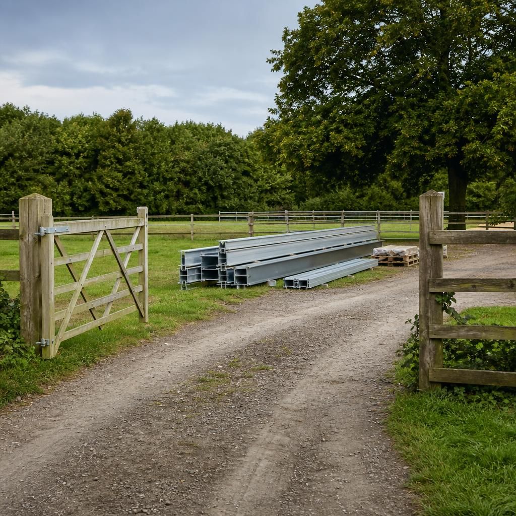 Horse field shelter components beside a clear farm gateway and access track