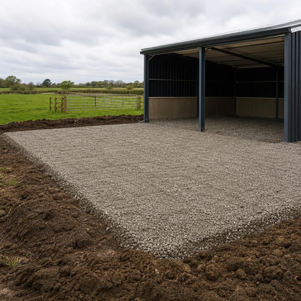 Compacted hardcore base prepared for a steel horse field shelter