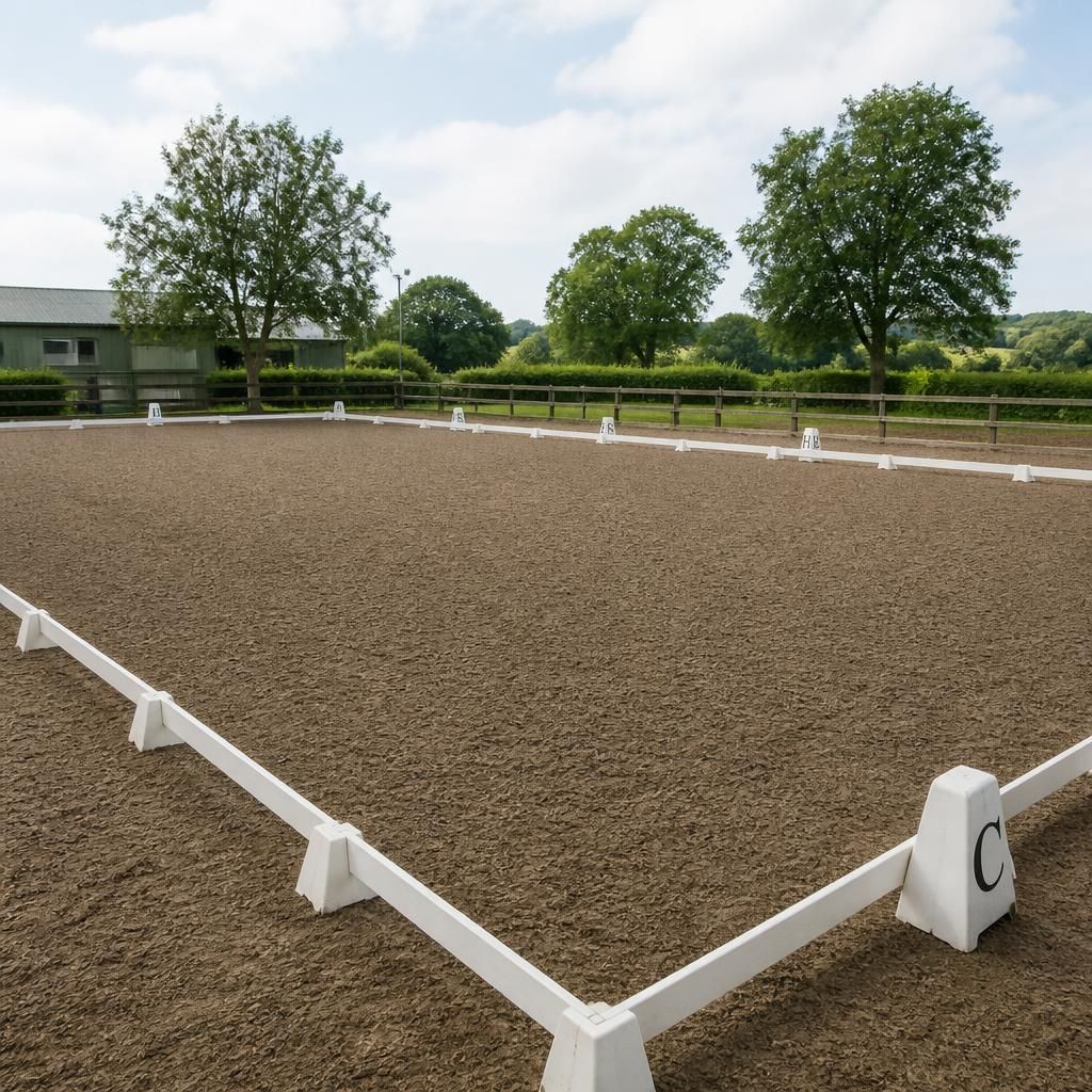 Dressage arena with marked boundaries and prepared riding surface