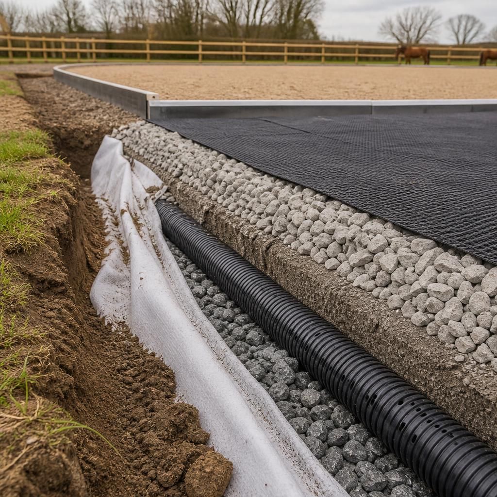 Cross-section showing perforated drainage pipes and stone layers beneath a dressage arena surface
