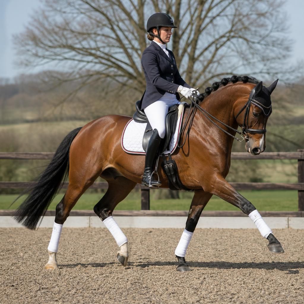 Horse and rider performing dressage movements on a sand arena surface
