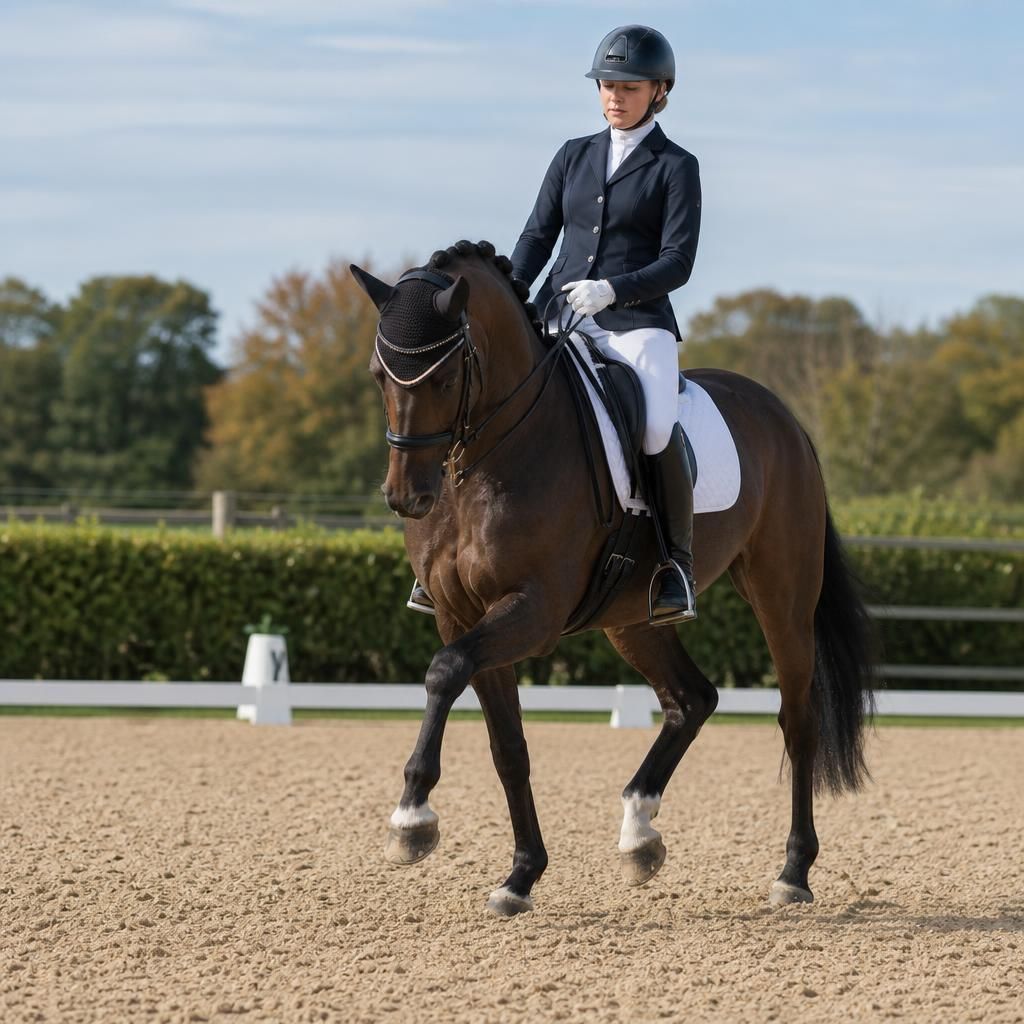 Horse performing a lateral movement on a prepared dressage arena surface