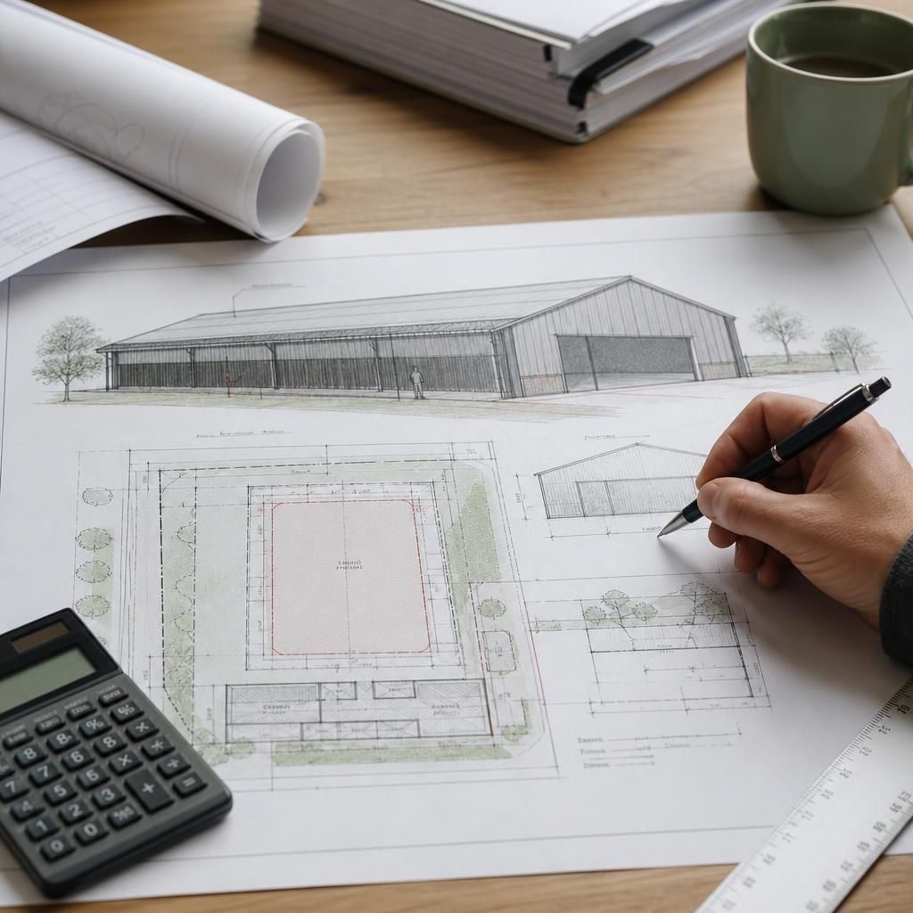 Architectural planning drawing of a roofed horse riding arena with site layout