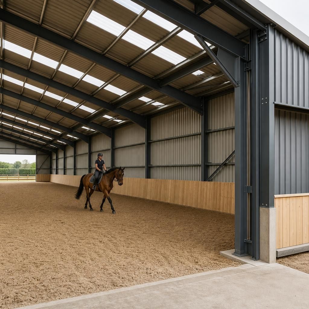 Steel-framed horse riding arena with roof, cladding and open entrance