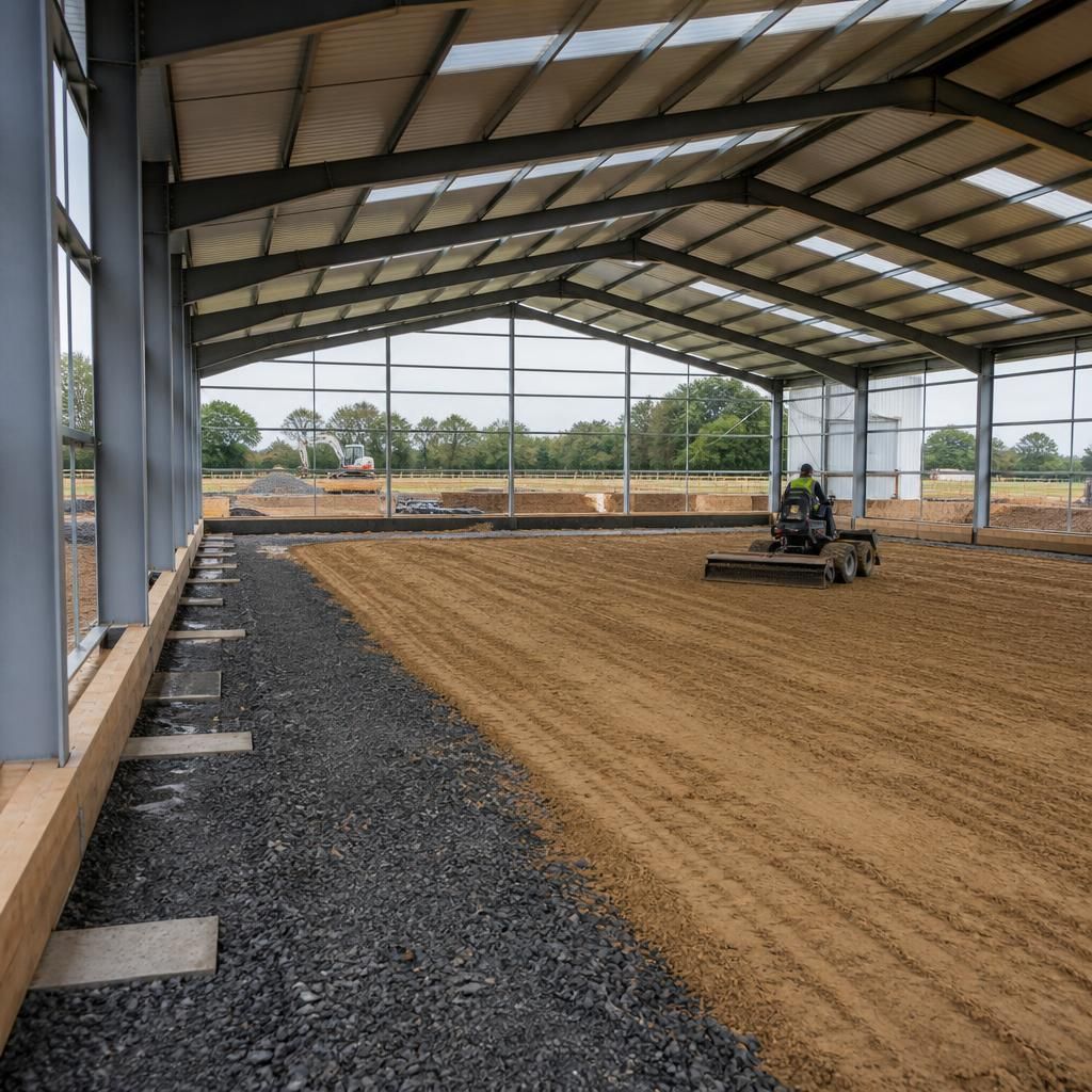 Steel frame and riding surface under construction inside a horse arena