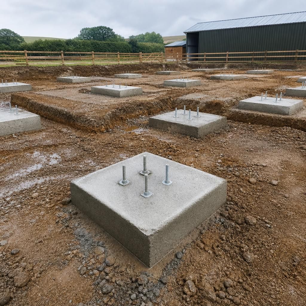 Excavated concrete pad foundations with holding-down bolts for a steel arena frame