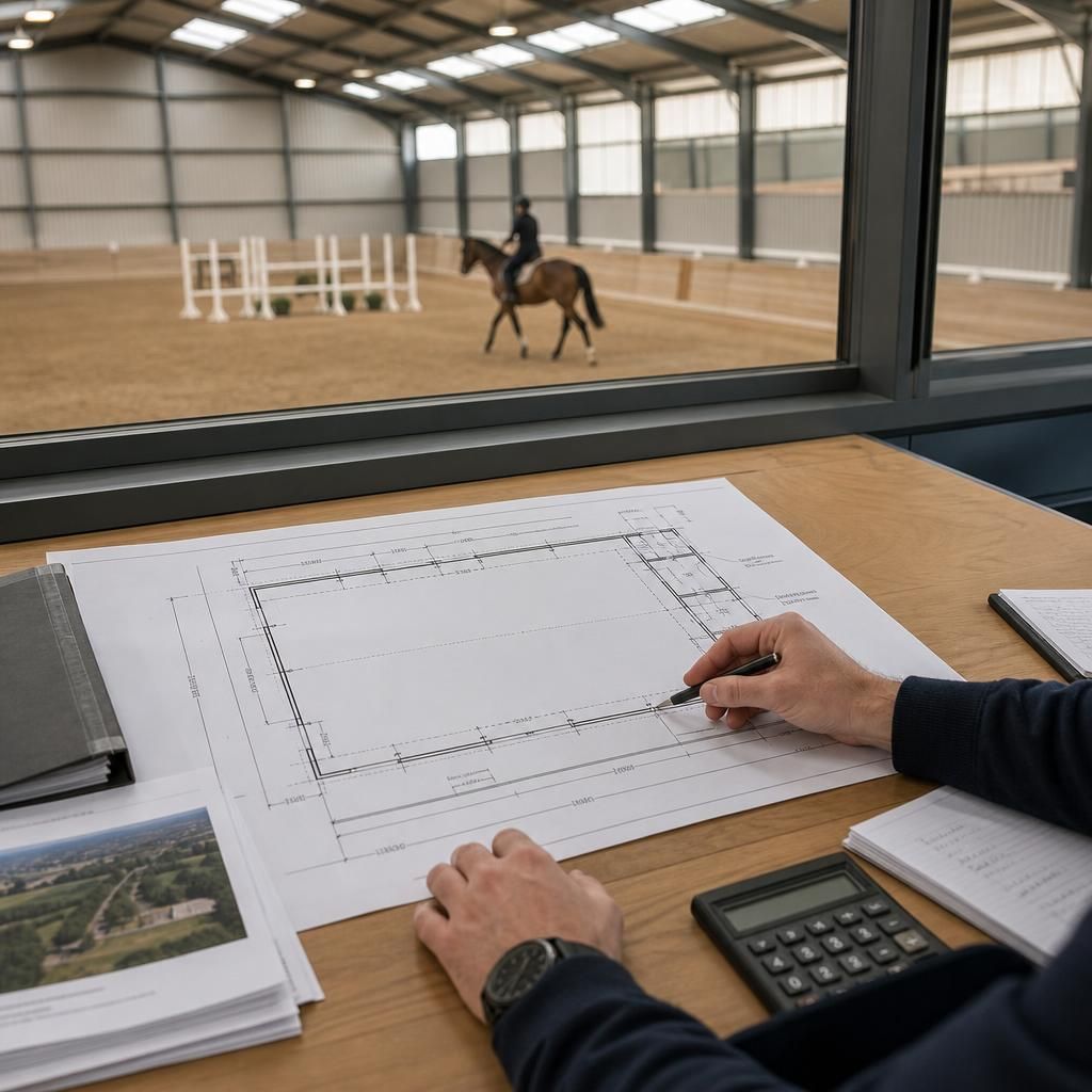 Horse riding arena plan showing dimensions, doors and internal layout