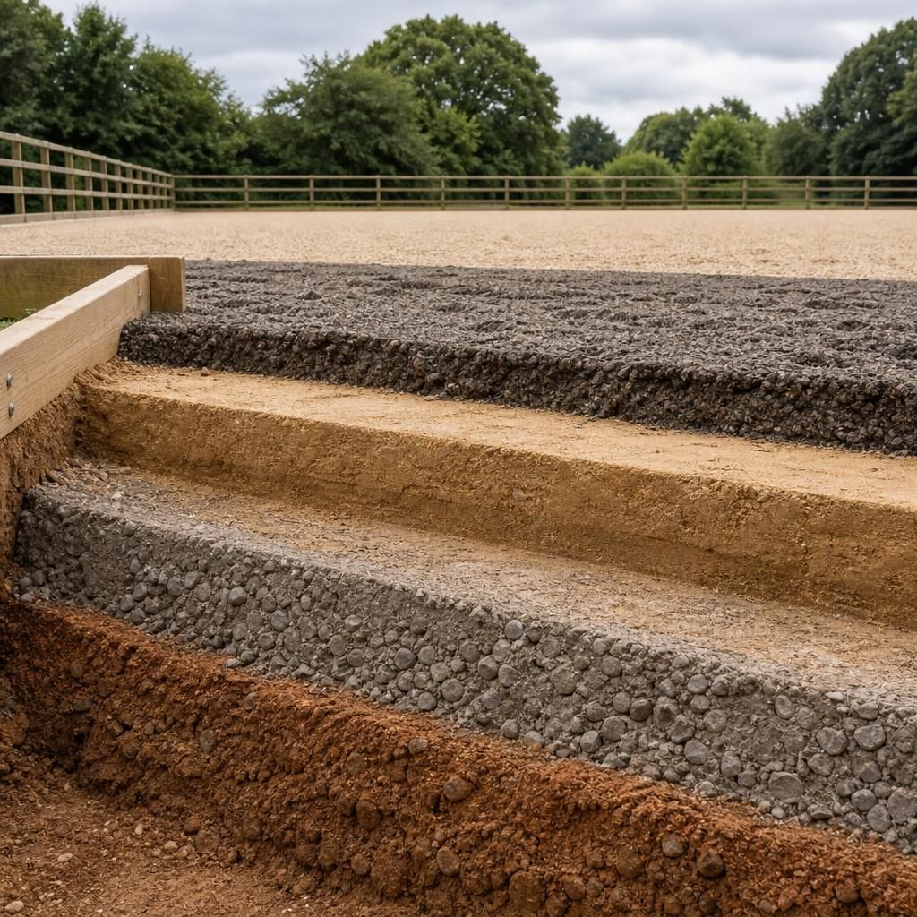 Cross-section showing the layered construction of a horse riding arena surface