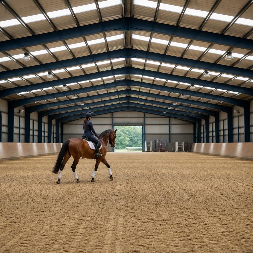 Steel-framed indoor riding arena with a clear-span interior and prepared riding surface