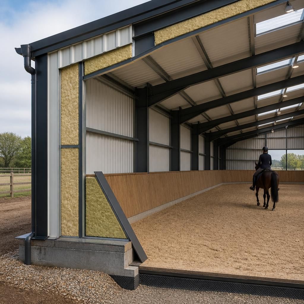 Cross-section of an insulated steel-framed indoor horse riding arena roof and wall