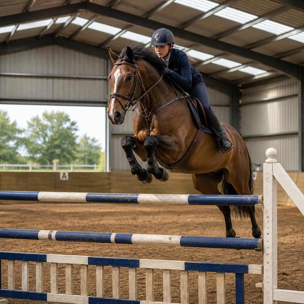 Horse and rider completing a jump inside a steel-framed indoor arena