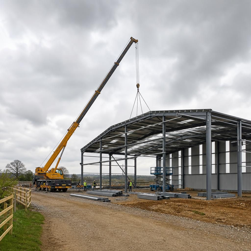 Crane positioned beside a steel-framed indoor riding arena on a prepared construction platform