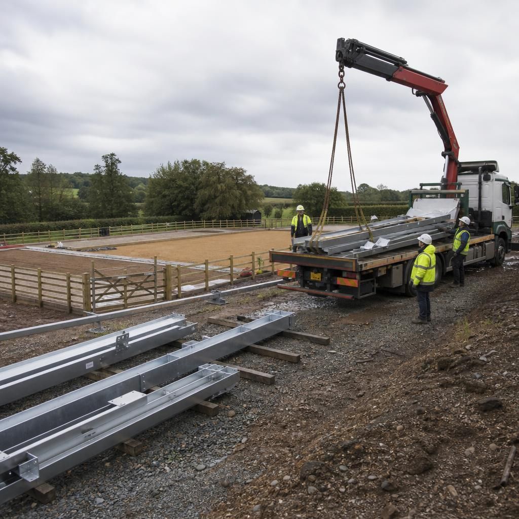 Steel portal frame sections being unloaded beside a prepared arena site