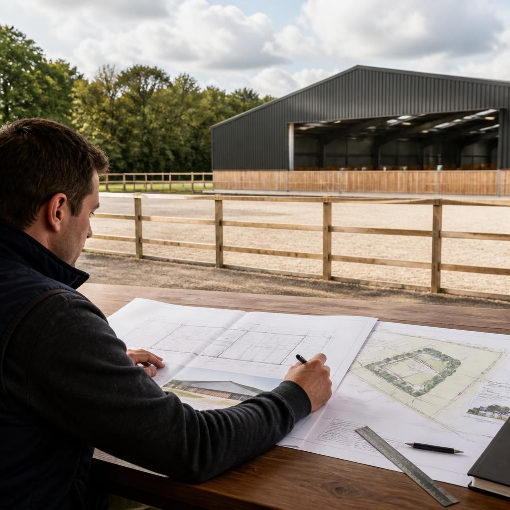 Architect reviewing horse riding arena plans beside a site layout