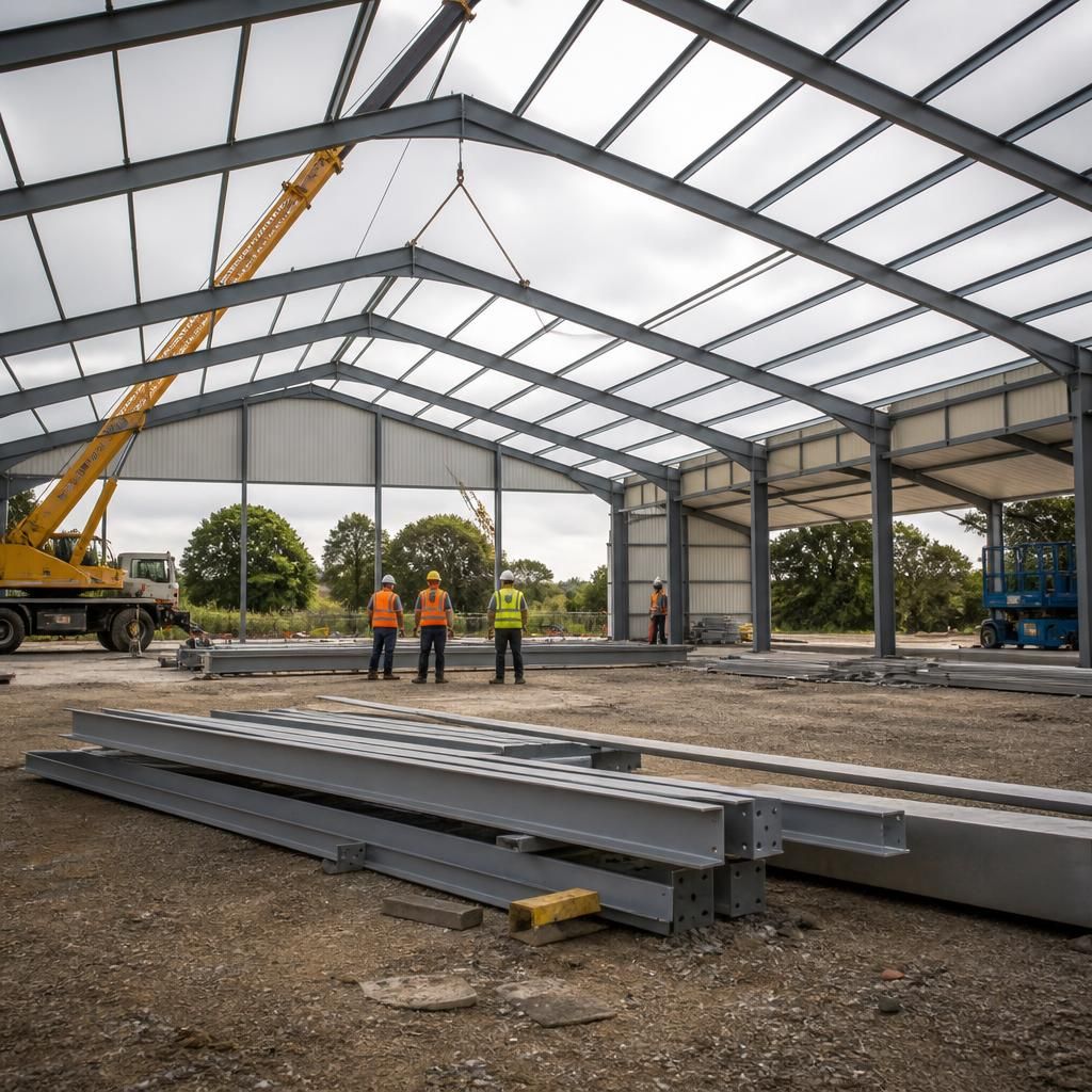 Steel frame being assembled for an indoor horse riding arena