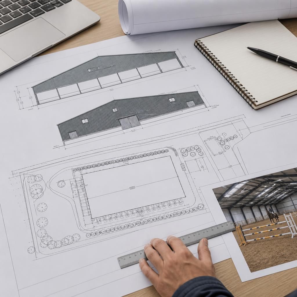 Architectural elevation and site plan for a proposed indoor horse riding arena