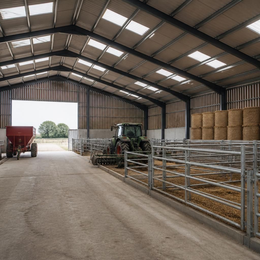 Steel-framed agricultural building with machinery access doors and internal bays