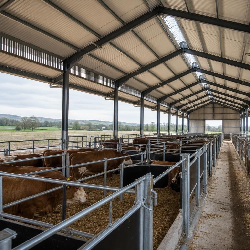 Steel-framed livestock building with open eaves, roof vents and internal animal pens