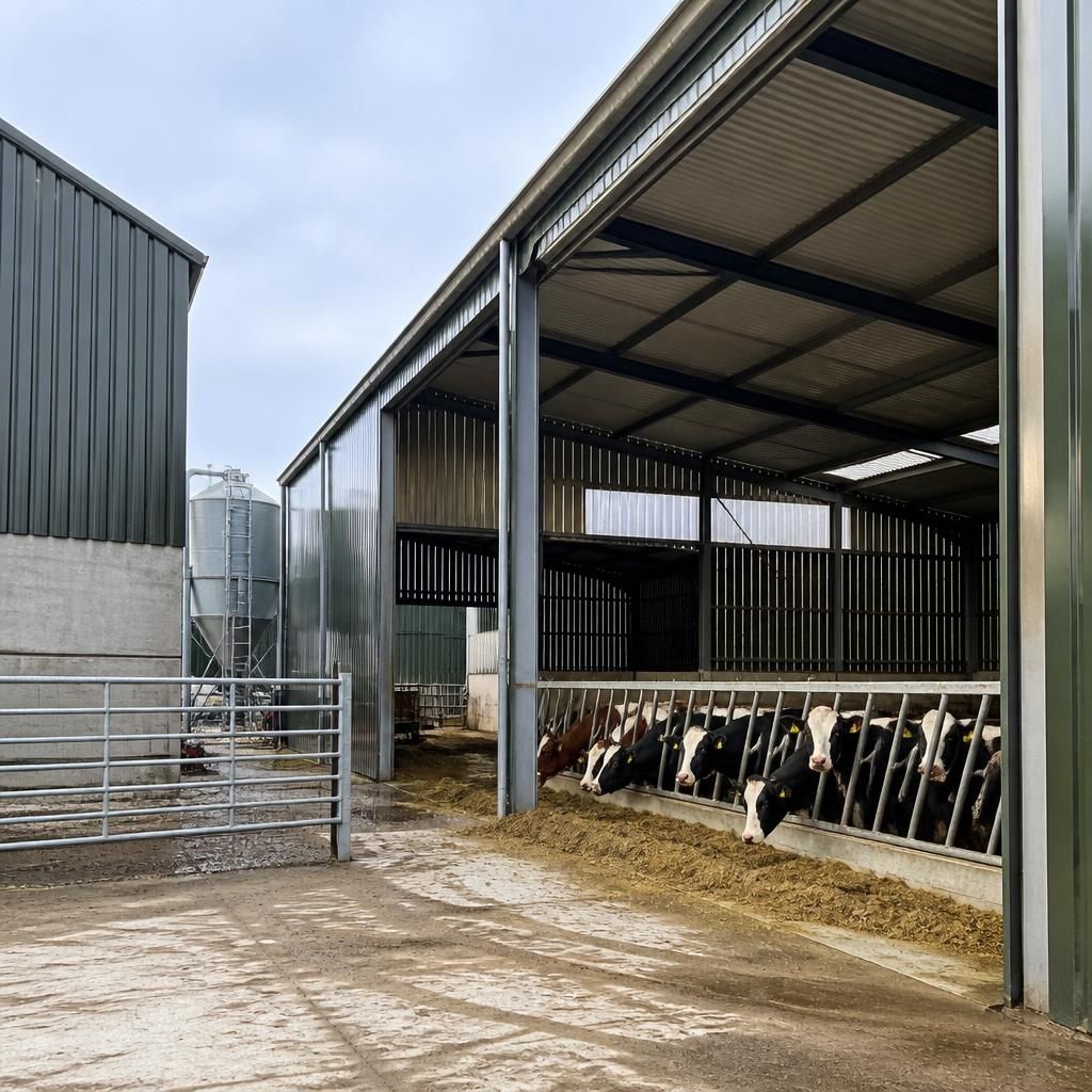 Steel-framed cattle shed beside farm buildings with open access doors
