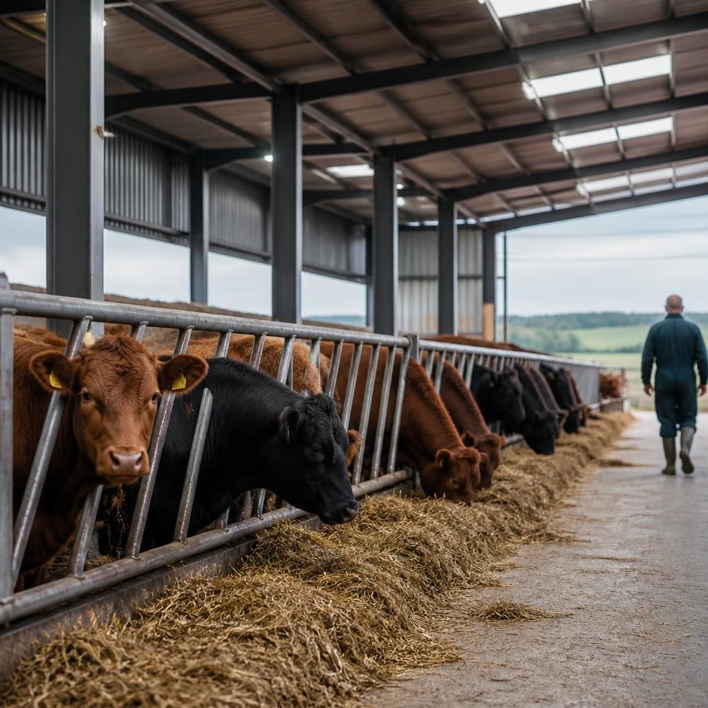 Cattle inside a steel-framed shed beside feed barriers