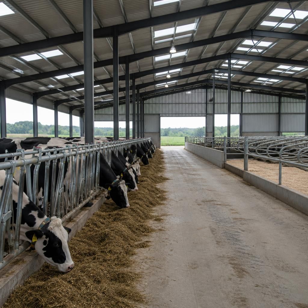 Cattle housed in a steel-framed shed beside feeding barriers and cubicle rows