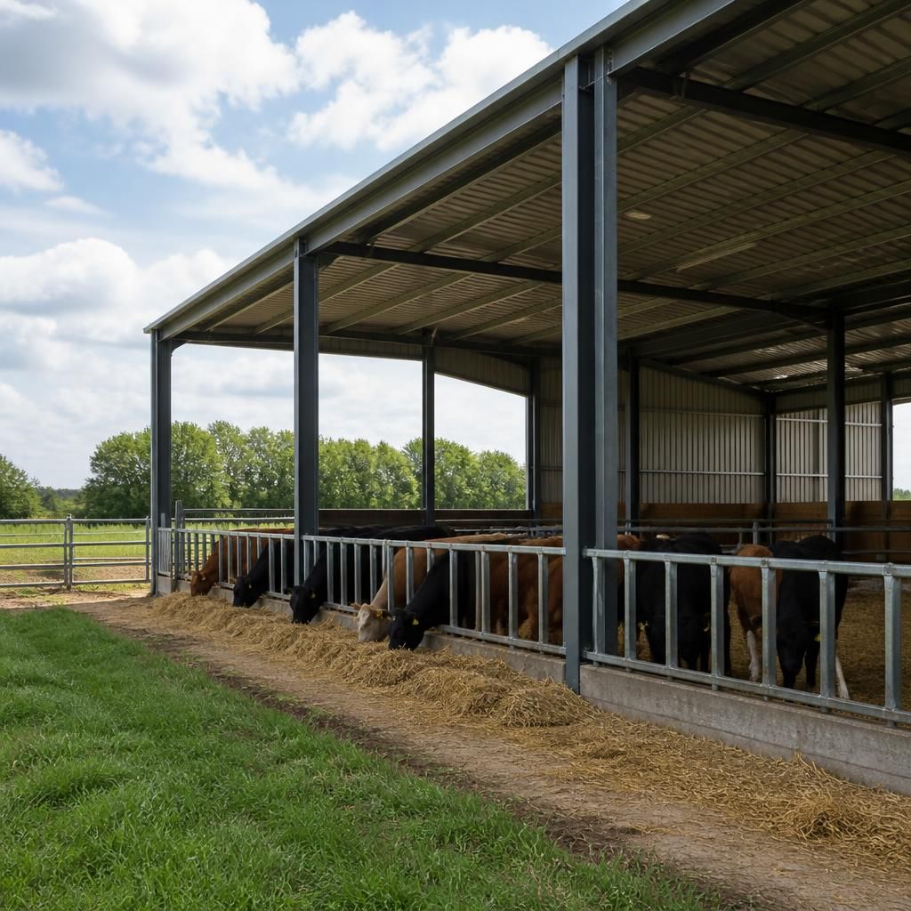 Open-sided steel cattle shelter beside a grass field with cattle inside