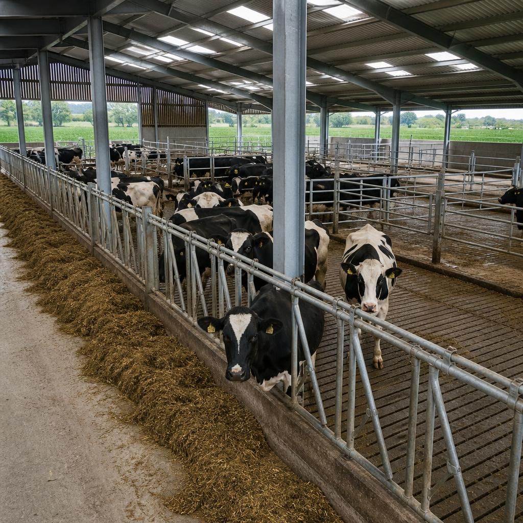 Cattle grouped in pens beside feed barriers inside a steel-framed farm building