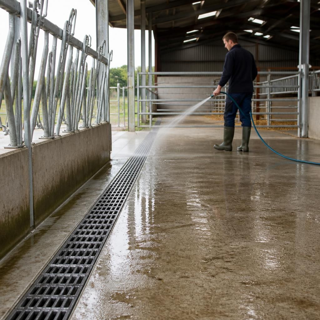 Concrete livestock shed floor with a grated drainage channel beside a washdown area