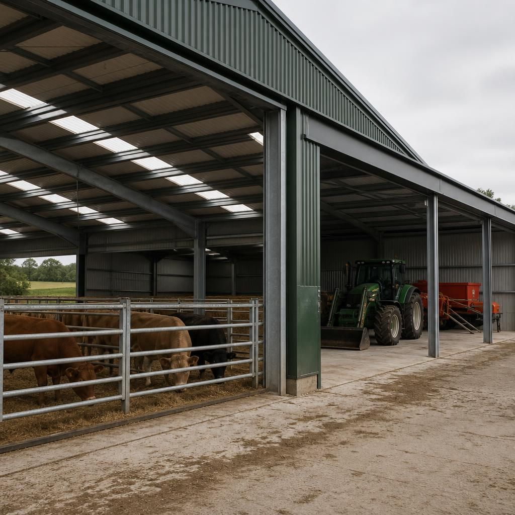 Steel-framed livestock building with separate animal housing and machinery storage bays
