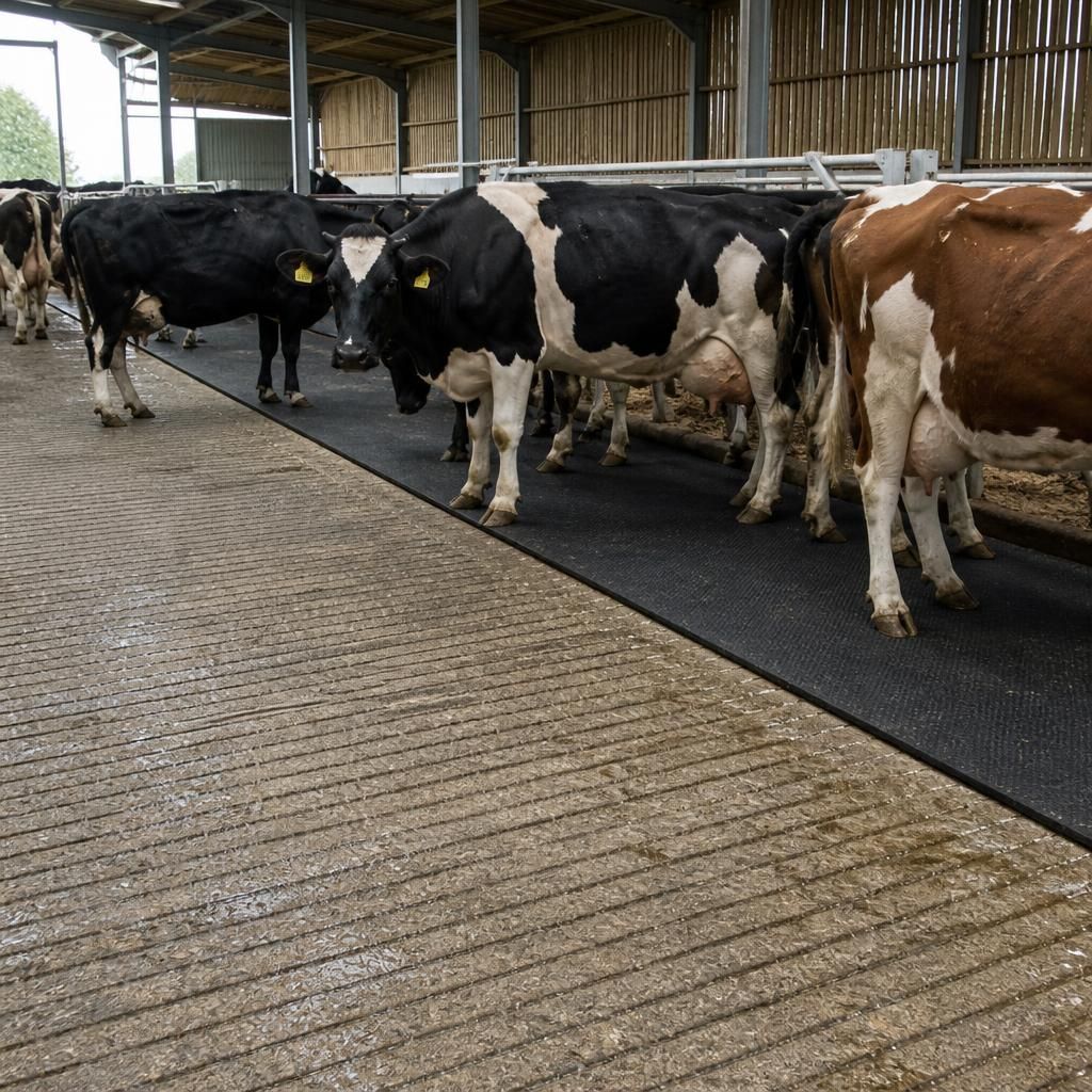 Cattle standing on grooved concrete flooring beside rubber mats in a livestock shed