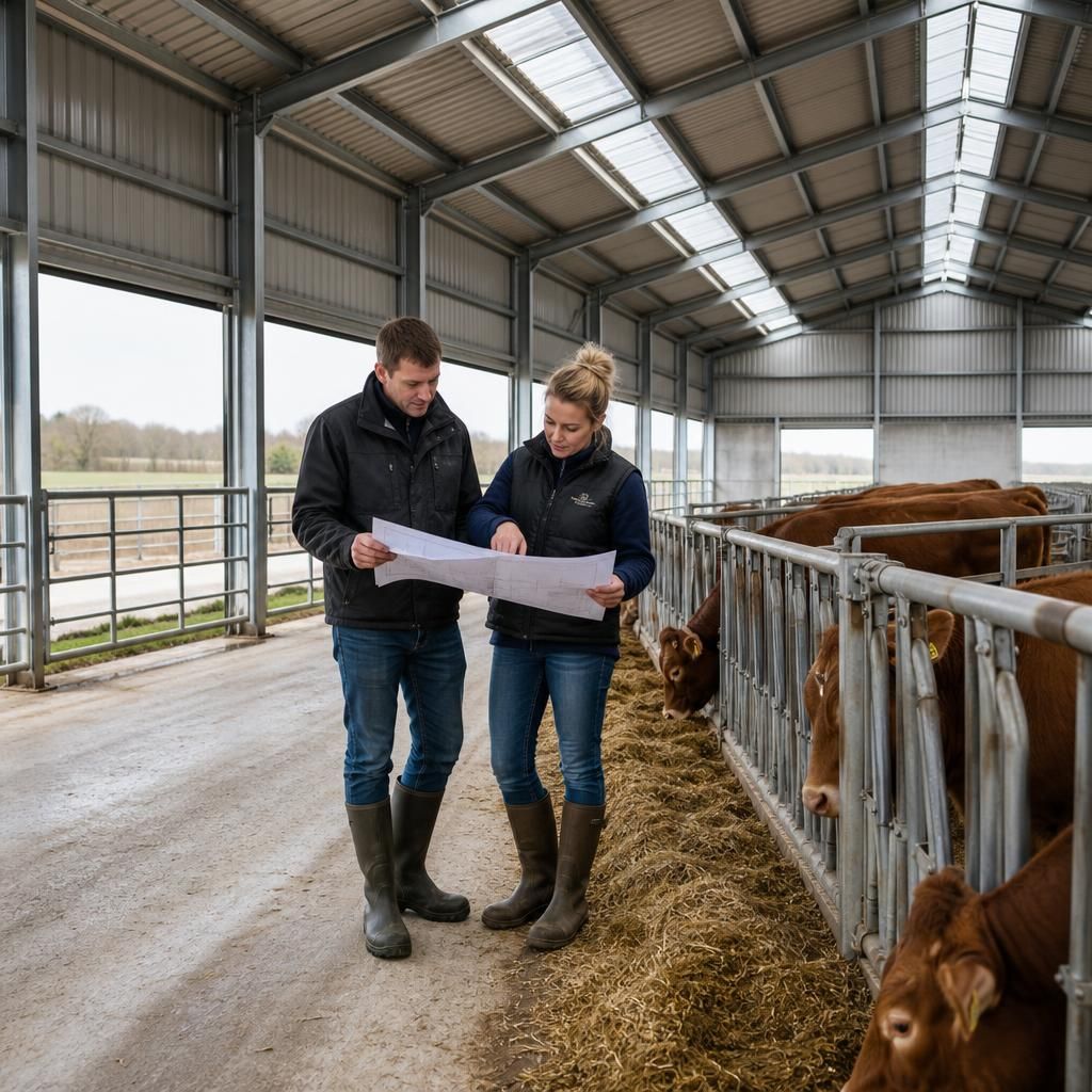 Steel-framed livestock shed with open sides, internal pens and feeding barriers