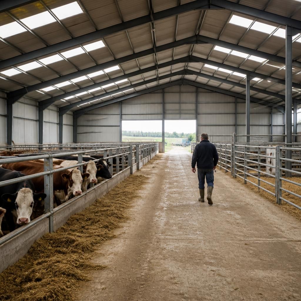 Steel livestock shed interior with pens, feed barriers and access routes