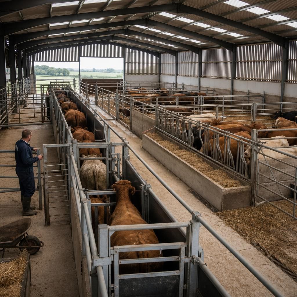 Interior of a livestock shed with cattle pens, feed passage and handling gates