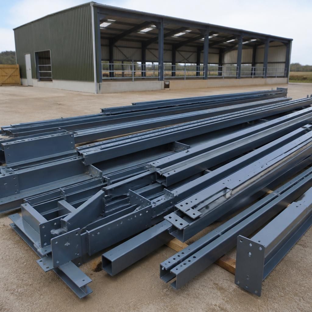 Steel frame poultry shed kit components arranged for assembly