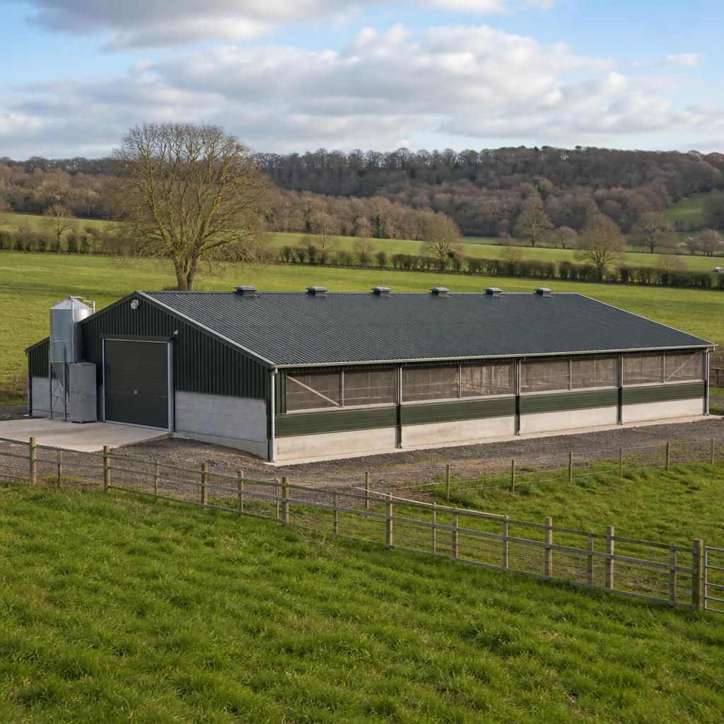 Steel-framed poultry shed beside agricultural fields