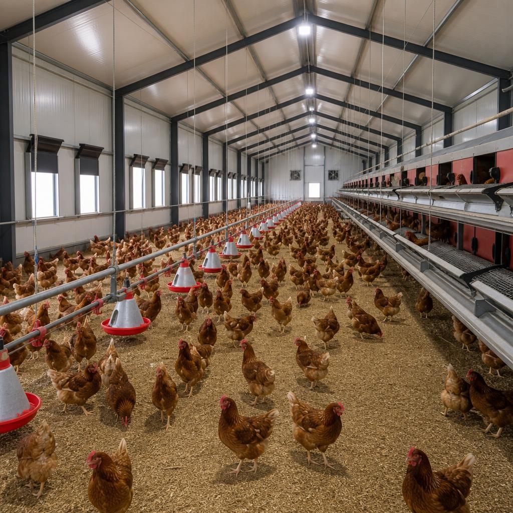 Poultry shed interior with feeding lines, drinkers and nest boxes