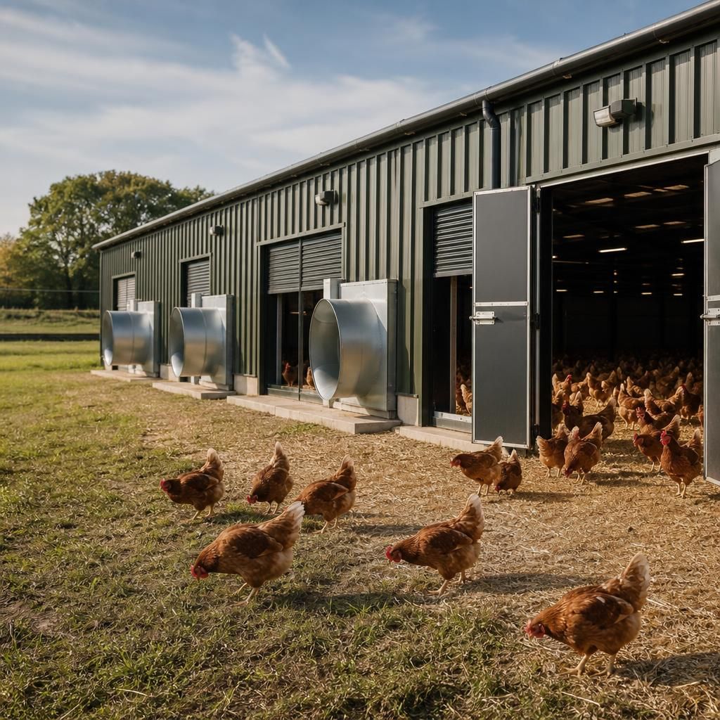 Steel-framed poultry shed with ventilation inlets and access doors