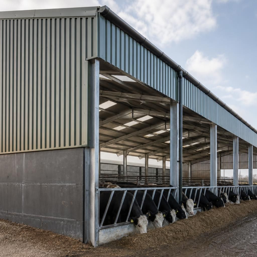 Steel-framed livestock building with profiled wall cladding and translucent roof panels