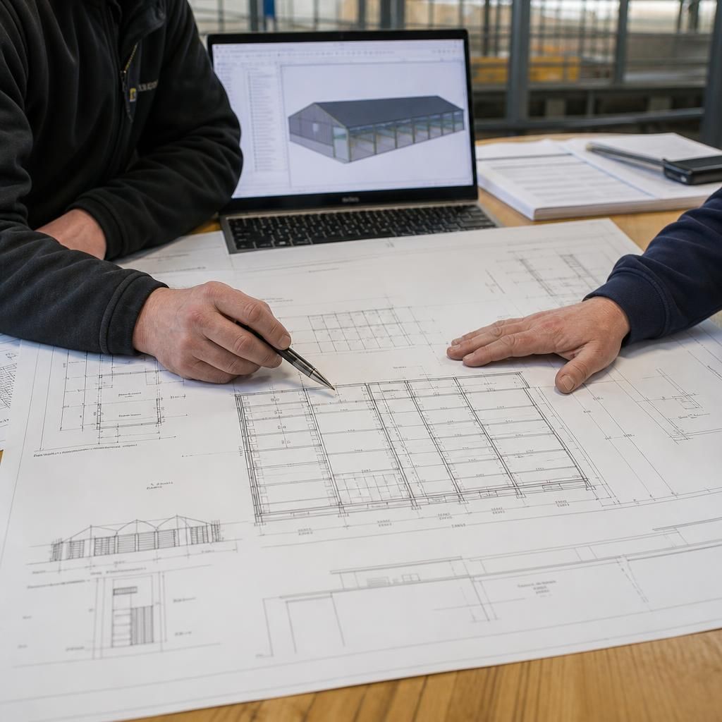 Livestock building plans showing cattle pens, a feed passage and access doors