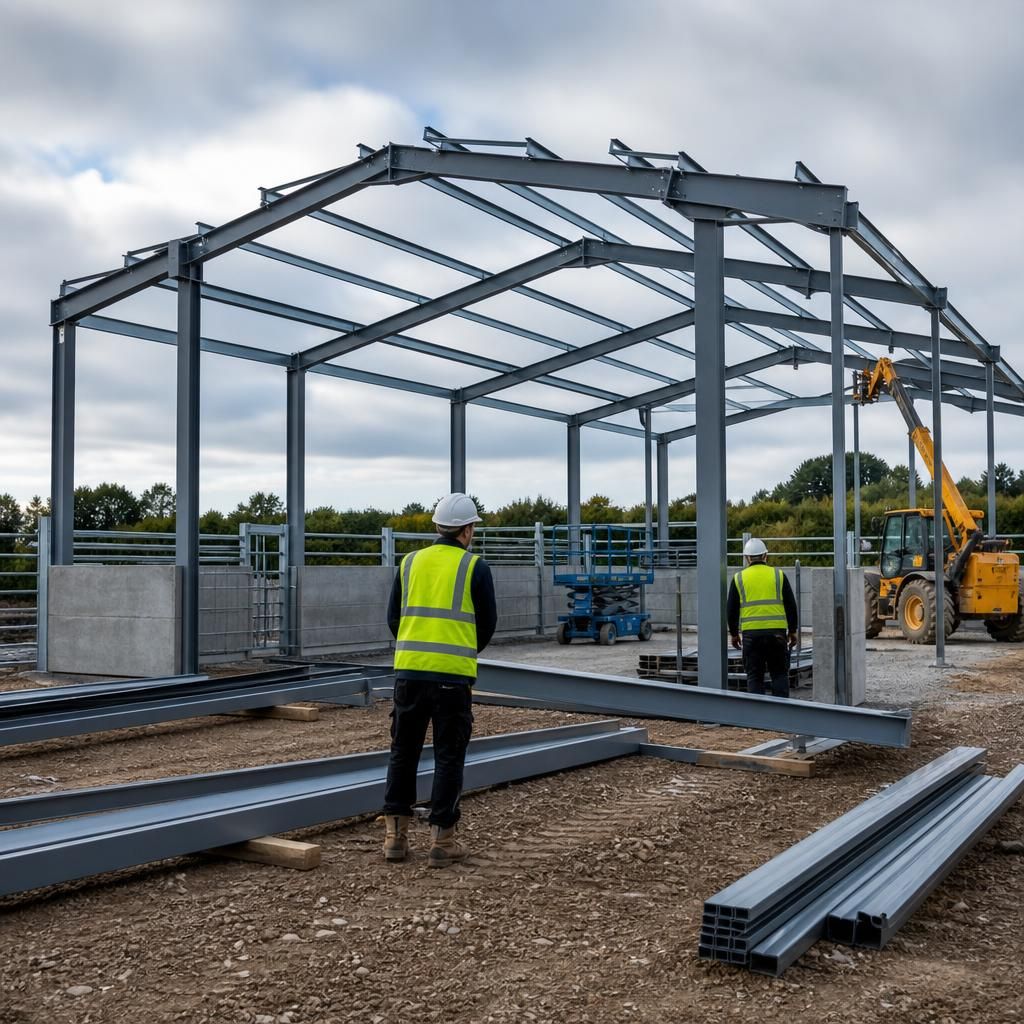 Workers assembling a steel frame for a livestock building on a prepared farm site