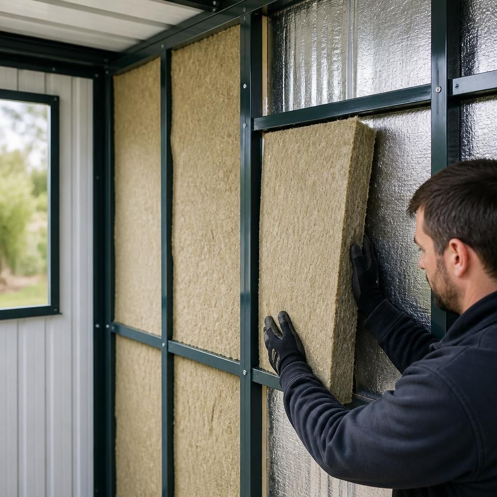 Metal shed wall showing insulation fitted between steel frame members