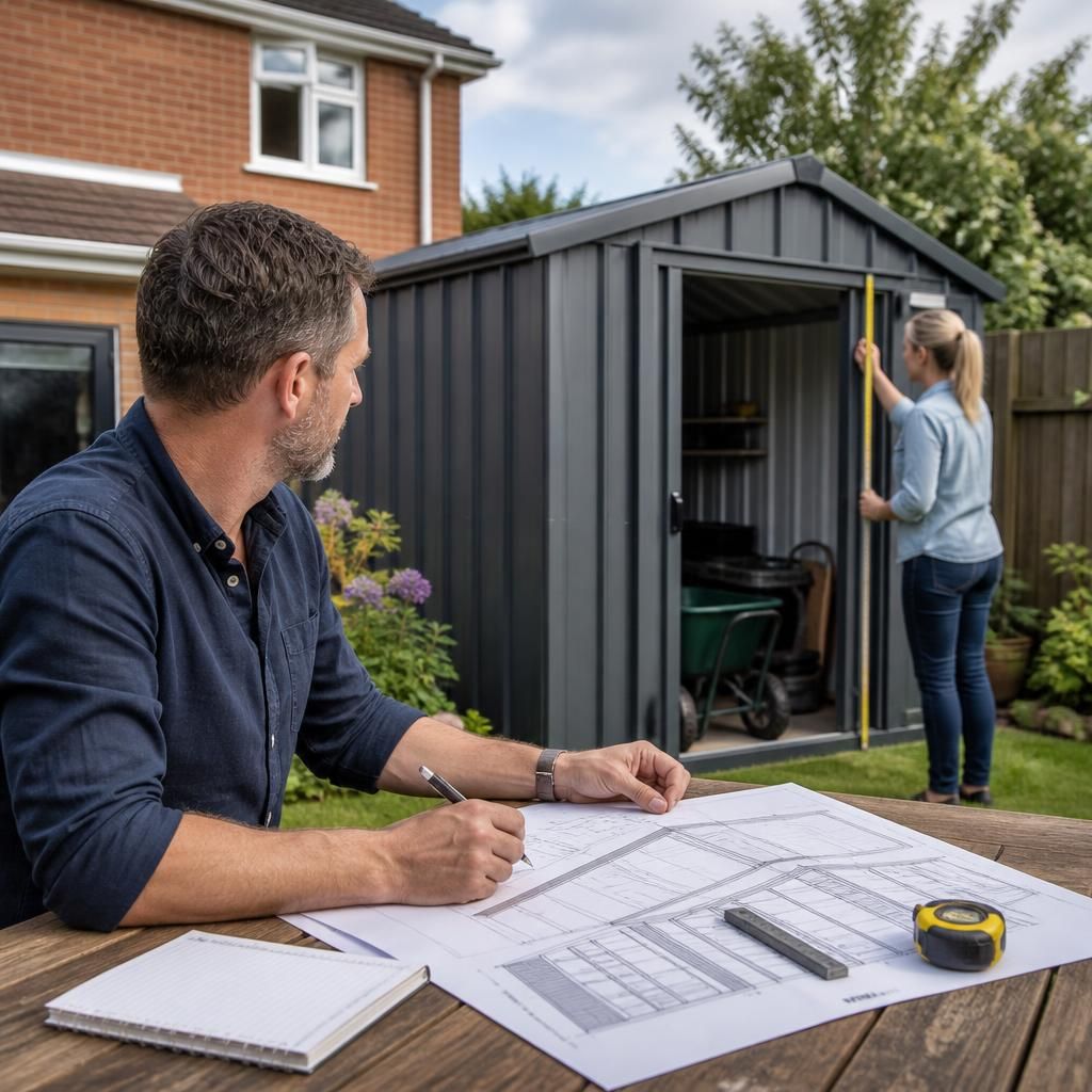 Metal garden shed beside a house with planning drawings and site measurements